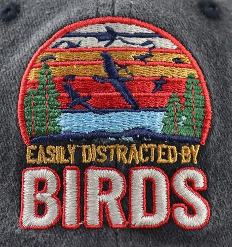 Easily Distracted by Birds Hats for Men Women, Adjustable Cotton Embroidered Birds Watchers Baseball Cap