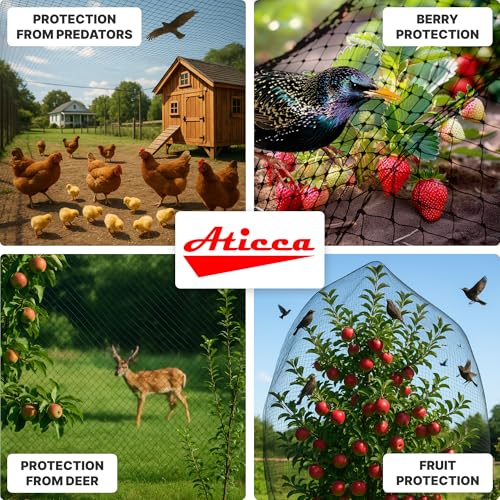 ATICCA Heavy Duty Bird Netting for Garden Protection & Fruit Trees, 7.5x65 Ft with 10 Stakes – Black Anti-Bird Net for Poultry, Deer, & Squirrel Protection, Durable Mesh for Garden and Yard Use - size: 7.5x65 Bird Netting