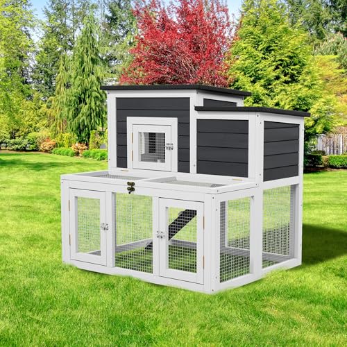 Outdoor Chicken Coops for 2-4 Chickens, Wooden Quail Cage Duck Coop | All Weather Used, Asphalt Roof, Ramp,Openable Top, Pull-Out Tray, For Small Animals - color: White2