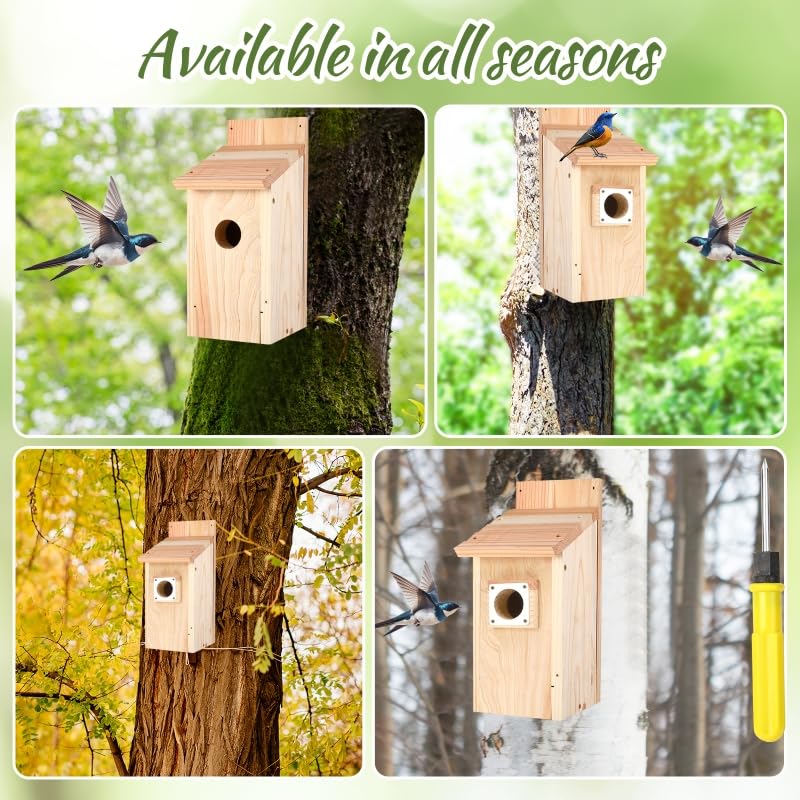 4-Pack Bird Houses for Outside with Metal Predator Guard, Birdhouses for Outdoors for Bluebird, Wren, Swallow, Finch - Natural Wood
