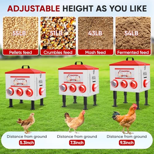 55 lbs Large Capacity Automatic Chicken Feeder - 8 Feeding Ports, No Waste Chicken Feeder, Height-Adjustable Legs & Secure Locking Lid for Chickens, Ducks & Poultry