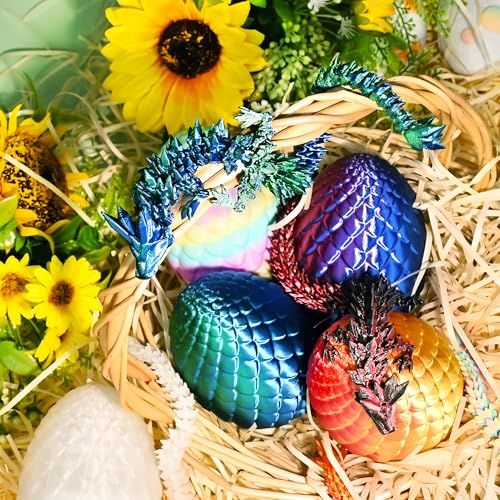 Impossmaker 8" 3D Printed Easter Dragon Eggs with 3D Printed Dragon Inside, Easter Basket Stuffers Mini Dragon Egg Set Articulated Crystal Dragon Fidget Toy for Adults Teens - style: 6P-S1