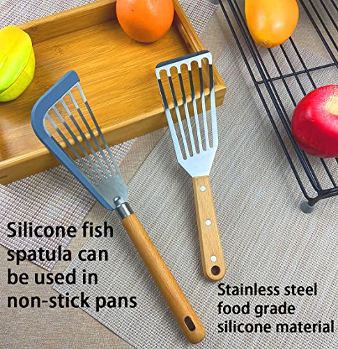 KLAQQED Fish Spatula Set for Nonstick Cookware Flexible Metal Fish Spatula Stainless Steel Small Fish Slotted Spatula Turner with Wood Handle - color: White, Wood