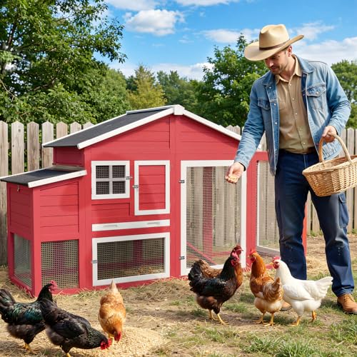 84.7''L Chicken Coop, Large Poultry Cage for 4-6 Chickens, Outdoor Hen House Design with Nesting Box, Weatherproof Roof and Leakproof Pull-on Tray, Easy to Install＆Clean(Red) - color: Red