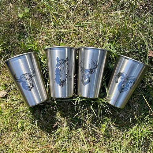4 Pack 16oz Conical Stainless Steel Cups - Laser Engraved Animals, Stackable Durable Metal Cold Drink Cups for Parties & Outdoor Events (Bull/Horse/Deer/Ram) - color: Wild Animal 2
