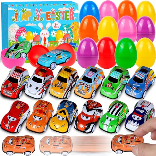 Seifar 48 Pack Prefilled Easter Eggs Filled with Pull Back Cars, Eggs with Racing Vehicle Inside, Easter Hunt Basket Stuffers Party Favors Classroom Prizes Gift for Kids Girls Boys - style: cartoon