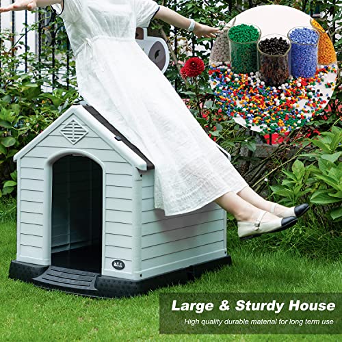 FDW Dog House Indoor Outdoor Durable Ventilate Waterproof Pet Plastic Dog House for Small Medium Large Dogs Insulated Puppy Shelter Kennel Crate with Air Vents and Elevated Floor - style: Grey