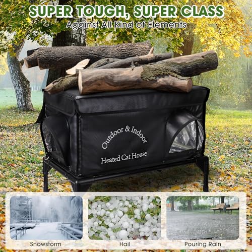 Heated Cat House for Outside Cat in Winter, Insulated Outdoor Feral Cat Shelter with Cat Heating Pad, 2 Doors,Elevated Waterproof Heated Kitty House (Black, 25"x13.7"x18") - style: Black Cat House 02