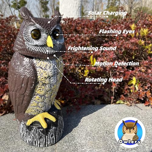 Large Solar Owl with Motion Detector, Flashing Eyes, Spinning Head, Realistic Hooting and Silent Mode, Garden Owl, Outdoor Statue, Decoration for Home, Garden, Patio and Fence