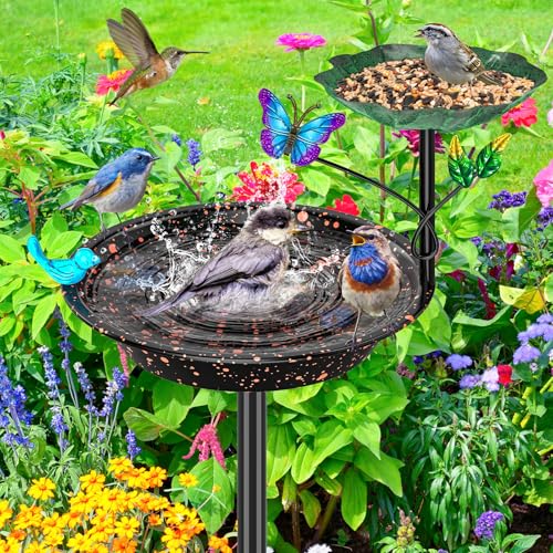 Metal Bird Bath for Outside Garden Birdbath Bowl, Freestanding Bird Feeders for Outdoors with 5 Prongs Base Stake, Standing Birdfeeders Birdbath Bowl for Yard Decor(Black-2-in-1-Butterfly) - color: Black-2-in-1-Butterfly