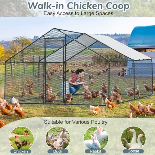 VINGLI Large Metal Chicken Coop, 13.1x9.8x6.5 ft Poultry Cage for Chicken Run, Walk-in Chicken Pen with Waterproof & Anti-UV Cover for Yard Outdoor (Black-Spire Roof) - color: Black-Spire Roof, size: 13.1*9.8*6.5 ft