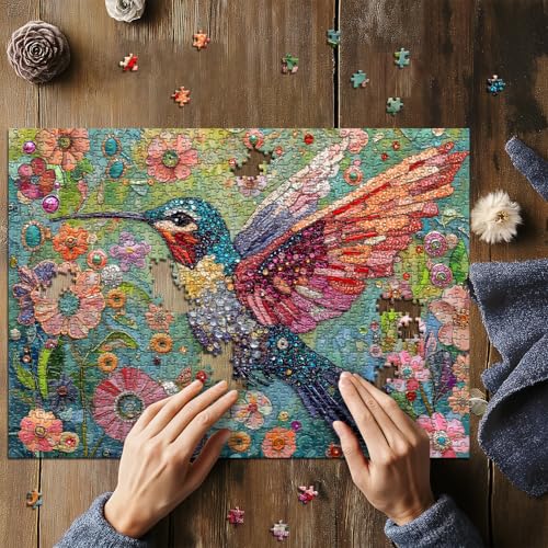 Hummingbird Puzzles for Adults 1000 Pieces, Nature Birds Flower Jewel Art Puzzle, Difficult Crystal Diamond Beautiful Garden Animals Jigsaw Puzzles, Colorful Floral Hard Challenging Puzzles for Adults - style: Flower & Hummingbird