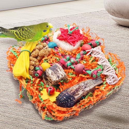 Bird Toys for Small & Medium Parrots - Natural Foraging & Shredding Cage Hanging Toys with Seagrass Mat, Starfruit, Loofah Slices for Budgies, Cockatiels, Lovebirds, Conures (1 PCS) - size: 1 PCS