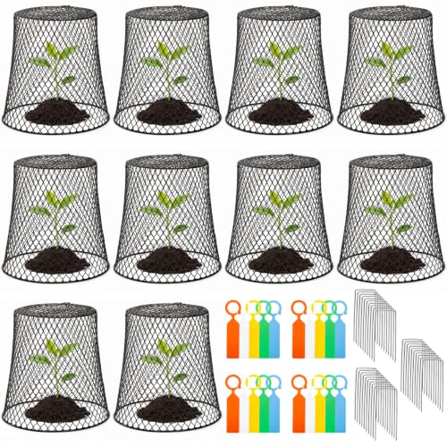 SOUJOY 10 Pcs 8"x8" Chicken Wire Plant Protect Covers, Metal Garden Cloche | UV-Resistant, Rustproof Metal Mesh with 30 Stakes & 20 Labels, Keeping Bunnies Chicken Squirrels Birds Out, Allows Airflow