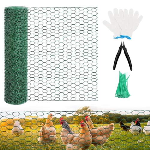 Chicken Wire for Floral Arrangements - Hexagonal Galvanized PVC Coated Poultry Wire Mesh Netting with Gloves, Wire Cutter & Zip Ties for Crafts, Poultry, Gardening Fence (15.7 x 118 lnches) - size: 15.7 x 118 lnches