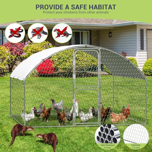 Large Metal Chicken Coop, Dome Shape Chicken Coop with Double Door, Chicken Run with Waterproof and Anti-UV Cover for Outdoor Farm Yard (6.5'L x 9.8'W x 6.6'H)