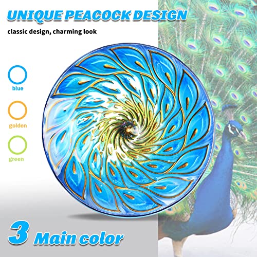Hanging Glass Bird Bath Peacock Outdoor Birdfeeder Garden Yard Decor | 11-inch Hanging glass bird bath for outdoor bird drinking and bathing creating a beautiful backyard wildlife habitat - color: blue