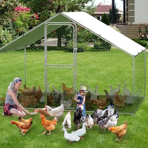 Takywep Walk-in Metal Chicken Coop, 9.8×6.5×6.5FT Galvanized Poultry Cage with Spire Roof, Waterproof UV Cover & Dual Doors, Heavy Duty Large Hen House for Backyard Farm, Suitable for Duck Quail - size: 118.1"L x 78.7"W x 78.7"H