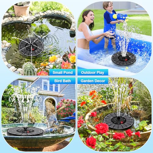 Solar Fountain Work On Cloudy Day,Solar Water Bird Bath Fountain with Faster Conversion Glass Solar Panel and Power Indicator,Built-in 2000mAh Battery,Outdoor Garden Decor(Black Panel)