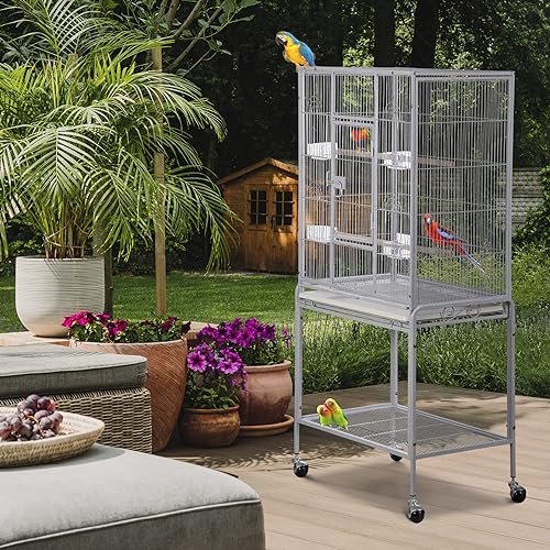 ZENY 53-Inch Bird Cage, Wrought Iron Flight Birdcage, White | with Rolling Stand, Bird Flight Cage for Cockatiels Pet Parrot Parakeet Lovebird Canary Finch - color: White