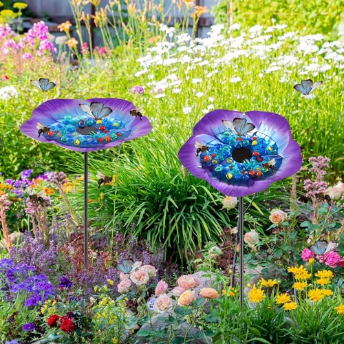 Tandefio 2 Pack Bee Watering Station Metal Butterfly Water Feeder Cup with 60 Colorful Glass Marble Vivid Flower Butterfly Bee Bath Bowl for Outdoor Garden Yard Decor(Blue Purple)