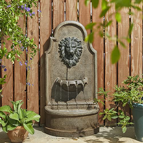 Glitzhome 3-Tier Outdoor Water Fountain with LED Light, Oversized Vintage European Style Lion Head Waterfall Fountains, Rustic Faux Granite Fountain for Garden Patio Deck Porch, 31.75”H - color: Lion Head