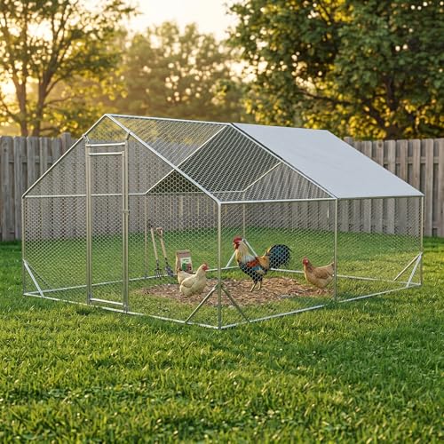 10' x 13' Large Metal Chicken Coop, Outdoor Heavy-Duty Chicken Run with Waterproof Oxford Cover & Secure Lockable Door, Walk-in All-Weather Poultry Cage for Hens, Ducks, Rabbits, Silver - color: Silver B, size: 120.0"L x 156.0"W x 156.0"H