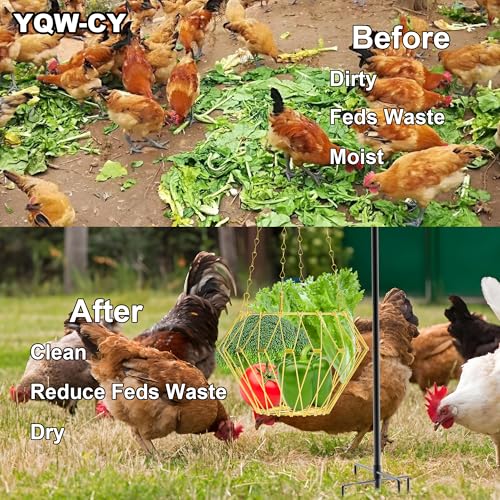 Hanging Chicken Feeder with Shepherd's Hook, Foldable Chicken Vegetable Feeder, Golden Poultry Fruits Feeding Holder Basket with Hanging Chain for Chicken Coop Accessory