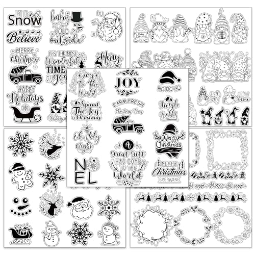 Whaline 5 Sheet Christmas Clear Stamps Wreath Snowman Gnome Silicone Transparent Stamps Greeting Words Border Stamp Cards for DIY Craft Card Making Scrapbooking Embossing Album Decor - style: Christmas