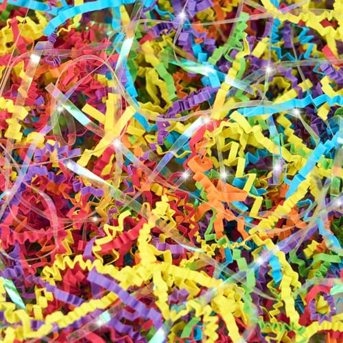 PAPER FAIR Iridescent Rainbow Easter Grass Crinkle Cut Paper, 5OZ Raffia Tissue Paper Filler Shred Strand Craft Bedding Cushion, Anniversary, Back to School, Birthday for Gift Basket Boxes - color: Iridescent Rainbow