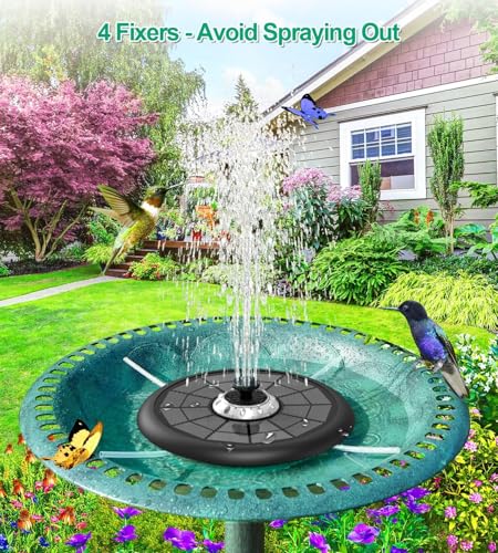 SZMP Powerful 5W Solar Powered Water Fountain for Bird Bath, Upgraded Glass Panel with Colorful Light Show, 7 Nozzles, Anti-Drift Fixer, 2000mAh Battery