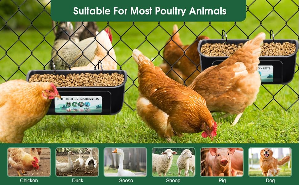 2 Pack Chicken Duck Dog Feeder, Poultry Feeders and Waterers, Hanging Goat Feeder, Livestock Feeding Container, Feed Trough and Waterer Bucket with Clips (Black) - color: Black