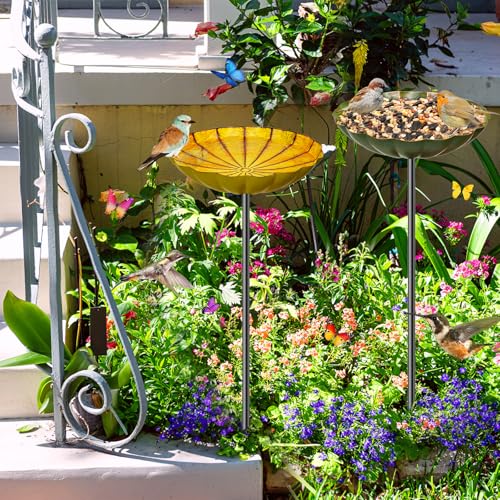 2PCS Metal Flower Bird Bath for Outside, Small Hummingbird Bath Bowl Detachable Birdfeeder Bowl Garden Decor for Outdoor Yard Lawn (2PCS-Yellow-Green) - style: 2PCS-Yellow-Green