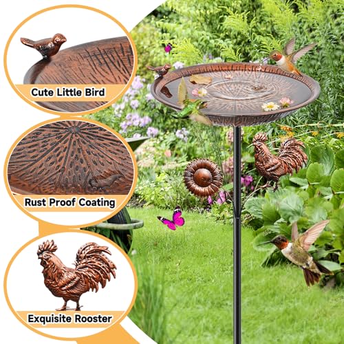 38" Metal Bird Bath for Outside, Vintage Garden Birdbath with Bird Statue, Freestanding Bird Bath Freeder with Sturdy 5 Prongs Base for Outdoors Patio Yard Lawn Decor(Vintage Brown) - color: Vintage Brown