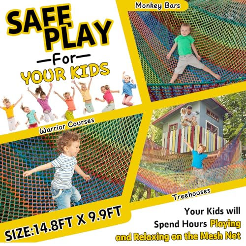 Climbing Net for Kids - 14.8FT x 9.9FT Double Layers Heavy Duty Playground Safety Net, Climbing Cargo Net for Tree House Tree Fort, Back Yard, Jungle Gyms, Monkey Bar Security Mesh（Rainbow） - color: Rainbow, size: 14.8' x 9.9'