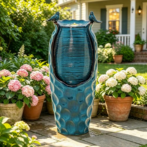 Autodaya 33" Vase Ceramic Outdoor Water Fountain with Lights and Birds | teal blue glazed water feature with textured design, ambient soothing cascading water flow for garden patio yard sanctuary - color: 33"h-birds Jar Turquoise Glaze