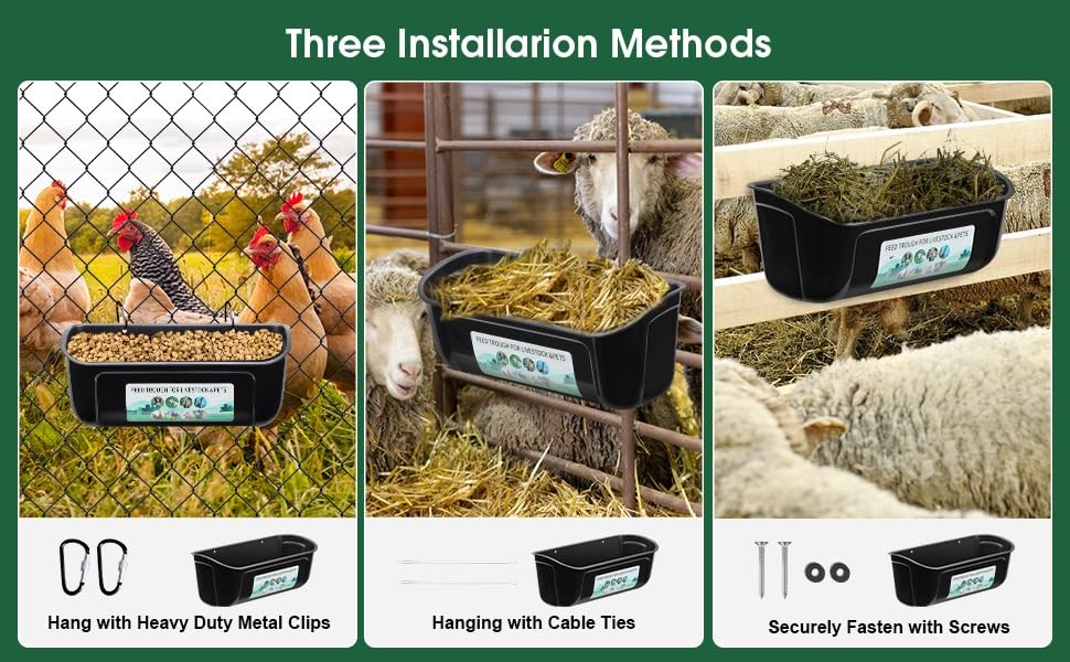 2 Pack Chicken Duck Dog Feeder, Poultry Feeders and Waterers, Hanging Goat Feeder, Livestock Feeding Container, Feed Trough and Waterer Bucket with Clips (Black) - color: Black