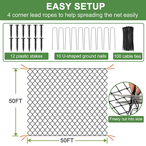 DQS Bird Netting 50' x 50', 2.4" Square Mesh Garden Netting, Poultry Net | Chicken Netting Hawk Deer Fence Net for Fruit Tree, Plant & Vegetable, Heavy Duty Nylon Aviary Net for Farm, Orchard - size: 2.4", 50' x50'