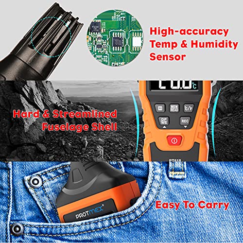 PT618 Temperature Humidity Meter - Wet Bulb for Indoor/Outdoor | Thermometer Hygrometer Monitor with Ambient, Dew Point, MIN, MAX, Data Hold, LCD Backlight - size: PT618