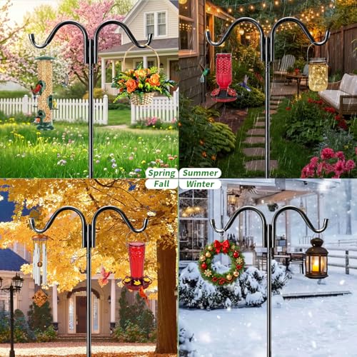 Garden Double Shepherds Hook 67 Inch Adjustable Bird Feeder Pole with 5 Prongs Base Heavy Duty Rustproof Shepards Hooks for Outdoor Hummingbird Feeder Stand, Solar Lights, Lanterns