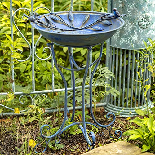 Zaer Ltd. Deep Well Made Metal Birdbath with 2 Cast Iron Birds and Leaf Decoration (Frosted Blue) - color: Frosted Blue