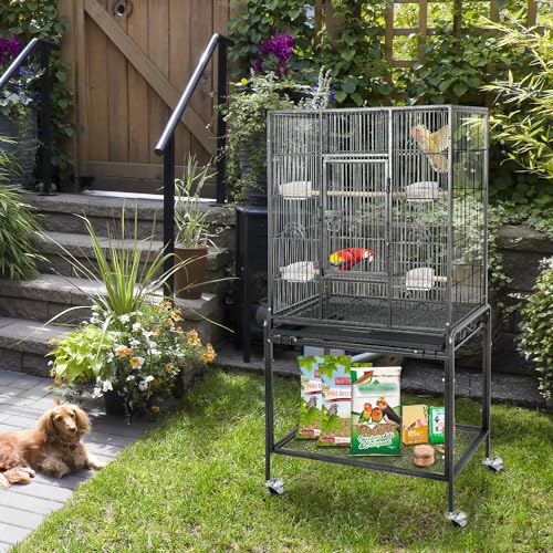 ZENY 53-Inch Parakeet Bird Cage, Wrought Iron Large Parrot Flight Birdcage | with Rolling Stand, Perches, Slide-Out Tray and Plastic Feeders, Casters,Bird Cage for Cockatiels Canary Finch - color: Black + Silver