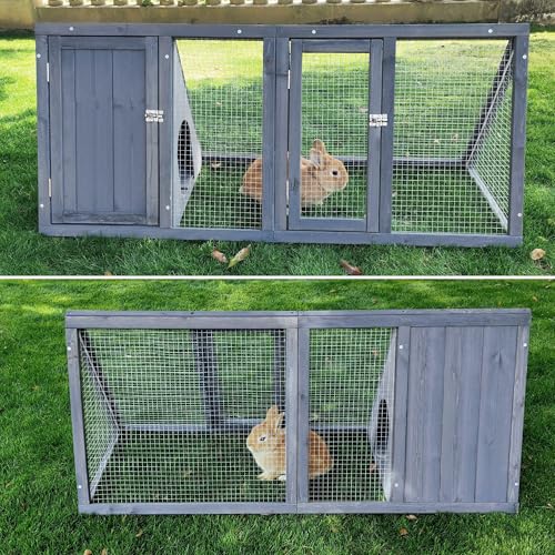 Rabbit Hutch Outdoor Chicken Coop Wooden A-Frame Small Animal Cage Quail Cage w/Chicken Run & Ventilated Wire Fence Suitable for Garden Backyard Farms 47 x 18 x 19.5 in (Grey) - color: Grey