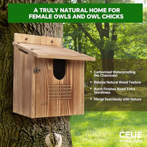 CEIJE Owl Houses for Outdoors, Large Barn Owl Nesting Box, Durable Carbonized Wood for Natural Waterproofing, Assembly Required