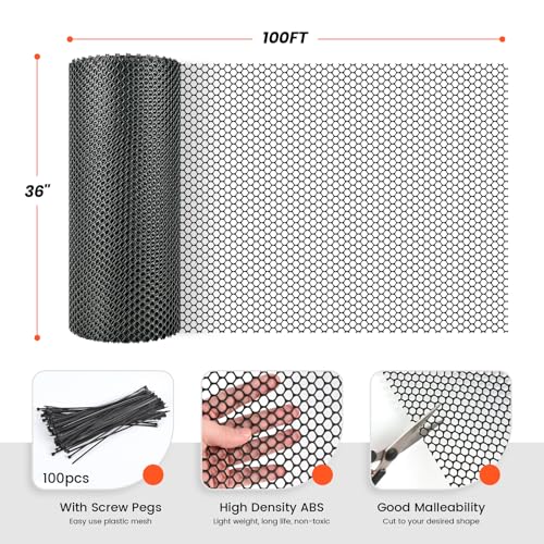 Toolterritary Plastic Wire Mesh 36IN x 100FT Chicken Wire Fencing for Floral Arrangements, Chicken Wire Mesh for Crafts with 100 Pcs Zip Ties,Gaden Netting for Dogs, Deers, Poultry - color: Black, size: 36IN x 100FT