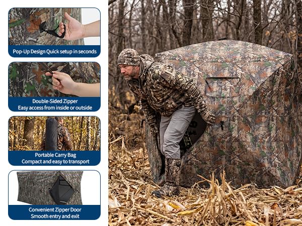 OUTLANE Hunting Blinds for Deer Turkey and Duck Hunting, Portable Hunting Tent with See Through Panels, Pop Up Ground Blind with Silent Windows, Camo Concealment, Weather Resistant Hunting Shelter - size: 116.54''x58.26''x64.96''