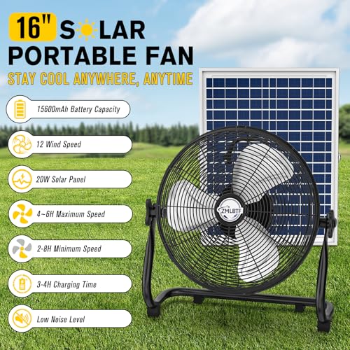 16" Solar Powered Fan with 20W Detachable Solar Panel, Black | Built-in Rechargeable Battery, Portable, 12 Speed, 360° Tilt for Outside, Camping, Greenhouse, Chicken Coop, Patio, gazebo - color: 16" Black