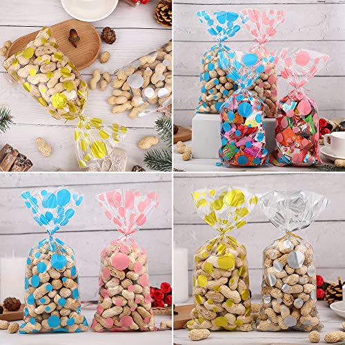 Polka Dot Cellophane Bags, 100pcs Clear Treat Bags, Plastic Christmas Cello Bags Sweets Bags with 100 Twist Ties for Goodie, Cookies, Nut, Wedding Birthday Easter Party Favor Supplies (4 Pattern)
