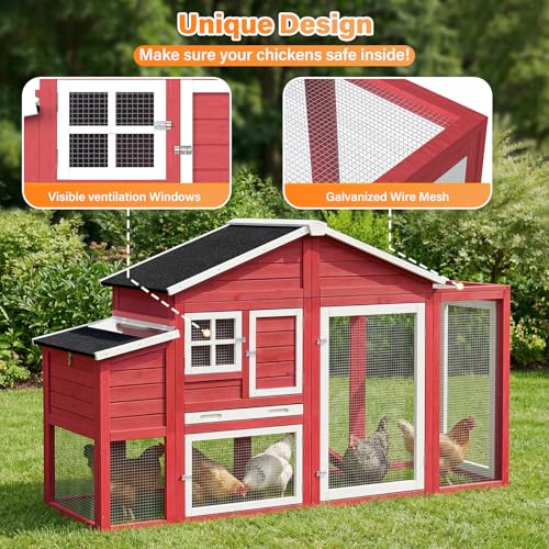Large Chicken Coop 84.7'' Outdoor Weatherproof Hen House for 4-6 Chickens with Nesting Box, Predator Proof Poultry Cage with Pull Out Tray, Easy Clean & Assemble - color: Red(84.7"L x 27.6"W x 47.4"H)