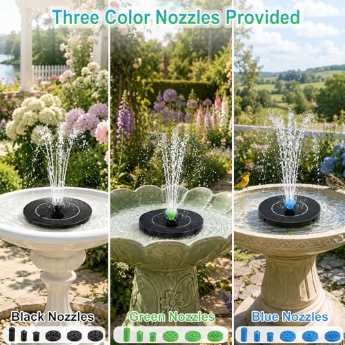 Yeomi 3.5W Solar Fountain for Bird Bath, 18 Nozzles in Black & Green & Blue | 6 Spray Patterns, Solar Water Pump Solar Fountain Pump for Bird Bath, Small Pond, Garden, Outdoor Water Feature - color: 3.5w Solar Fountain + Black&&blue&green Nozzles